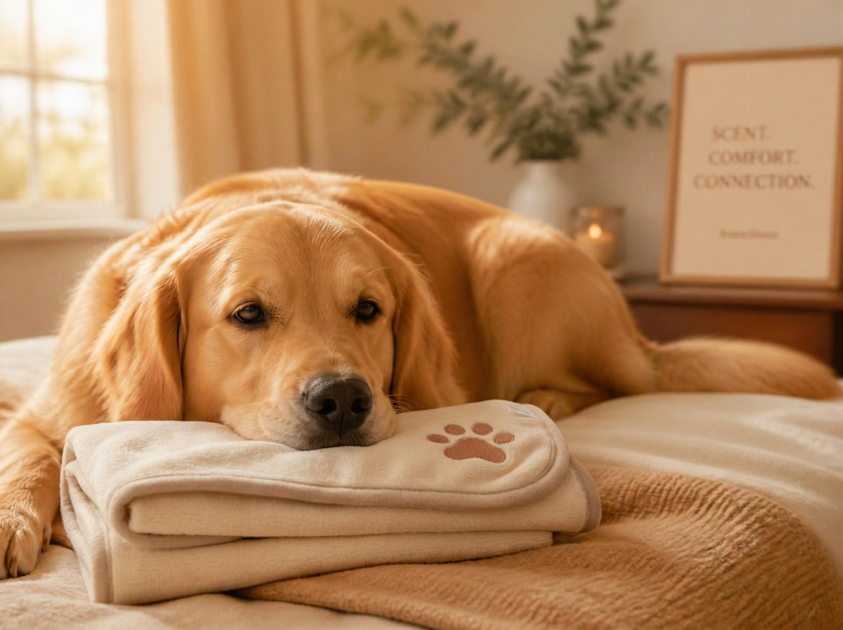 A calm golden retriever resting its head on a folded MyHuman scent cloth