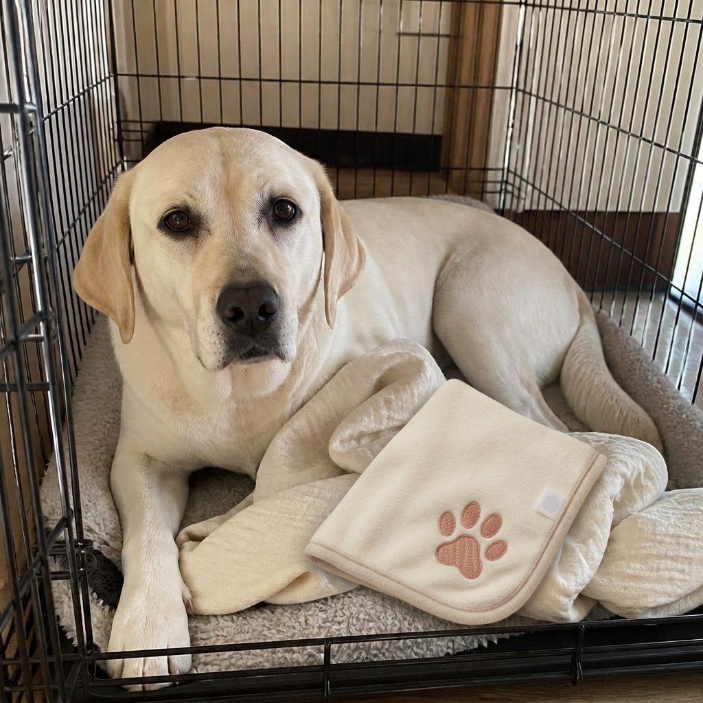 A real dog laying calmly in a kennel with a MyHuman comfort cloth